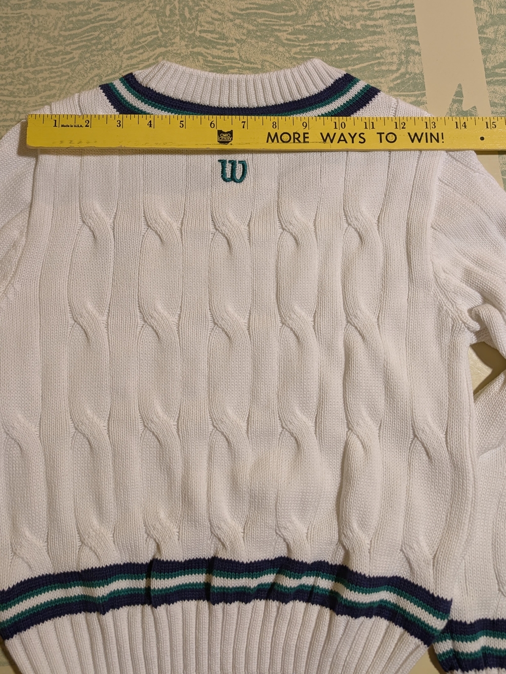 Wilson Women's White Cable-Knit V-Neck Sweater with Green & Navy Trim - Picture 6 of 7